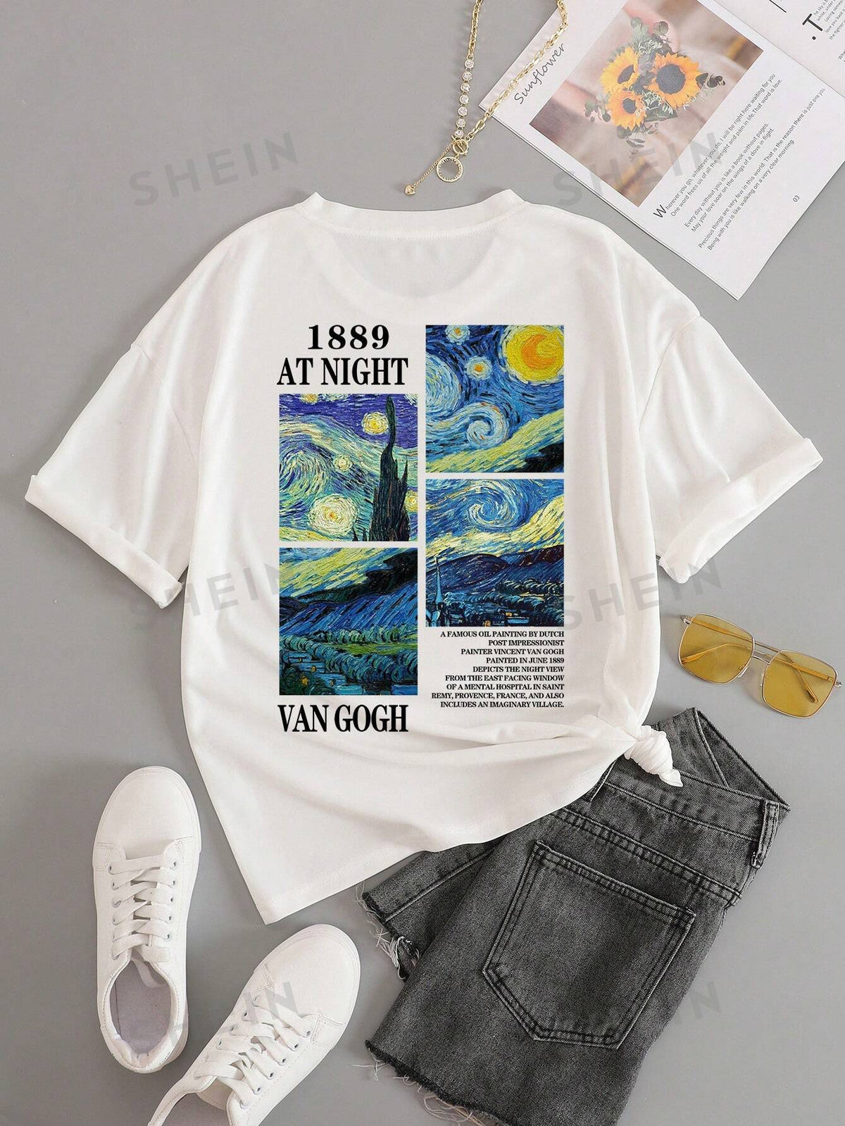 SHEIN Essnce Slogan & Graphic Print Tee 1889 AT NIGHT VAN GOGH A FAMOUS OIL PAINTING BY DUTCH POST IMPRESSIONIST PAINTER VINCENT VAN GOGH PAINTED IN JUNE 1889 DEPICTS THE NIGHT VIEW FROM THE EAST FACI