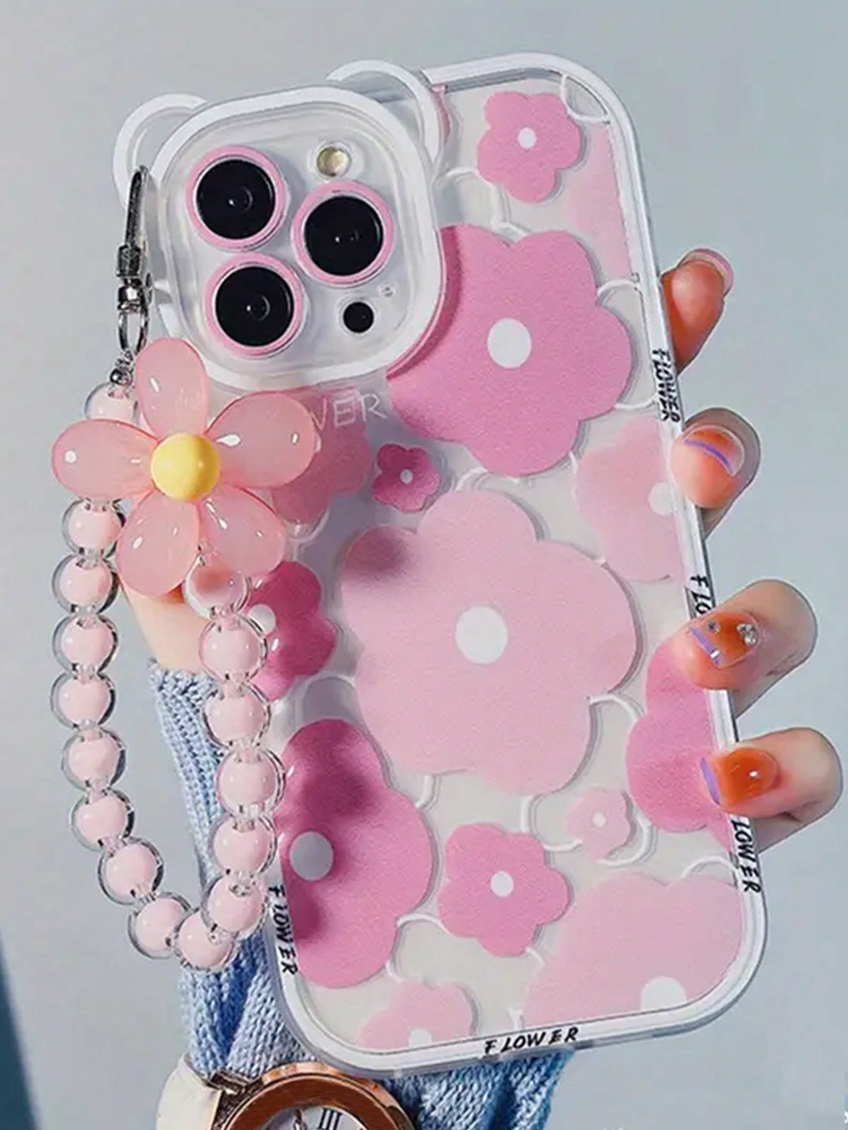 Summer 1pc Hand-Painted Pink Flower Pattern Phone Case With Lanyard Compatible With Iphone