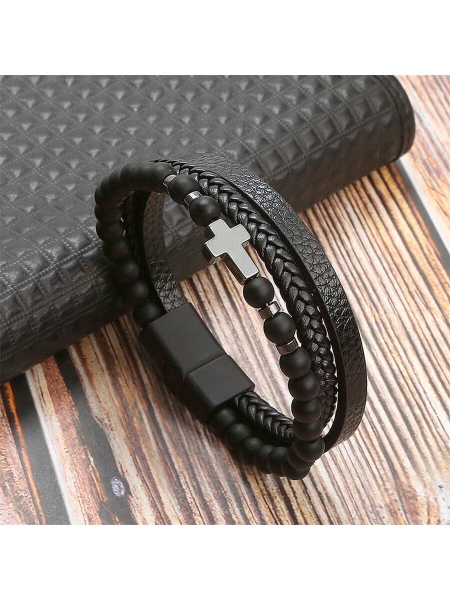 Leather Cross & Beads Decor Black Obsidian Bracelet