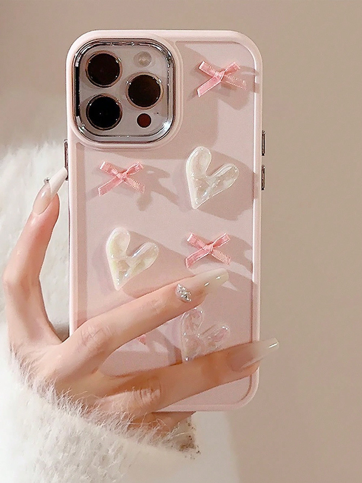 GUKADI Pink 3D Girl Pearl Heart Shaped Bowknot, Pink Pearl Heart Shaped, Pink 3D Flower Shaped DIY Pearl INS Korean Style Electroplated Button Handmade DIY Folded Heart Phone Case Compatible With Appl