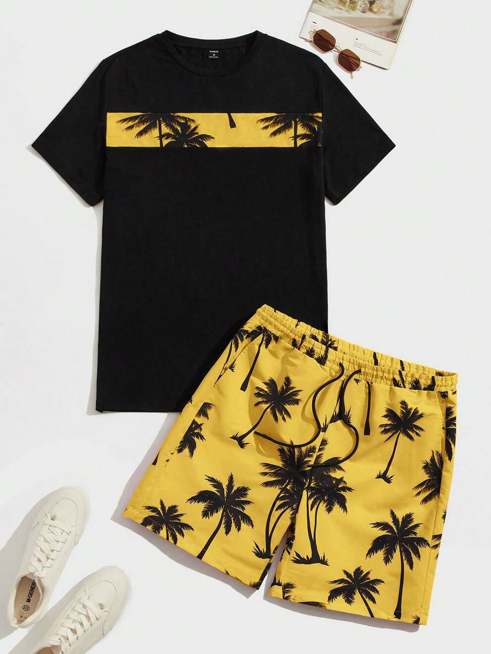 Manfinity Chillmode Men Tropical Print Tee & Drawstring Waist Shorts