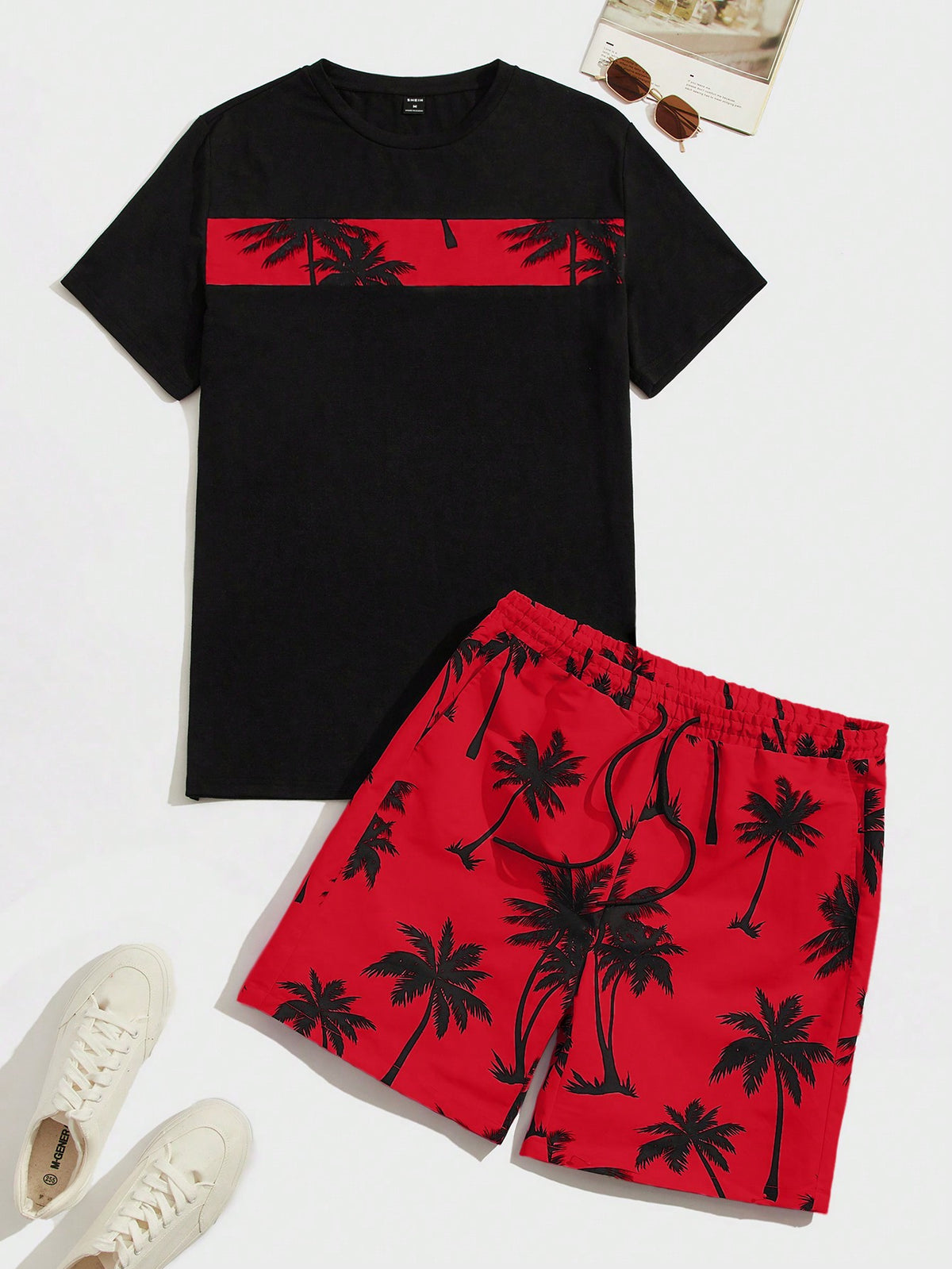 Manfinity Chillmode Men's Tropical Floral Print Knit T-Shirt And Woven Shorts Set