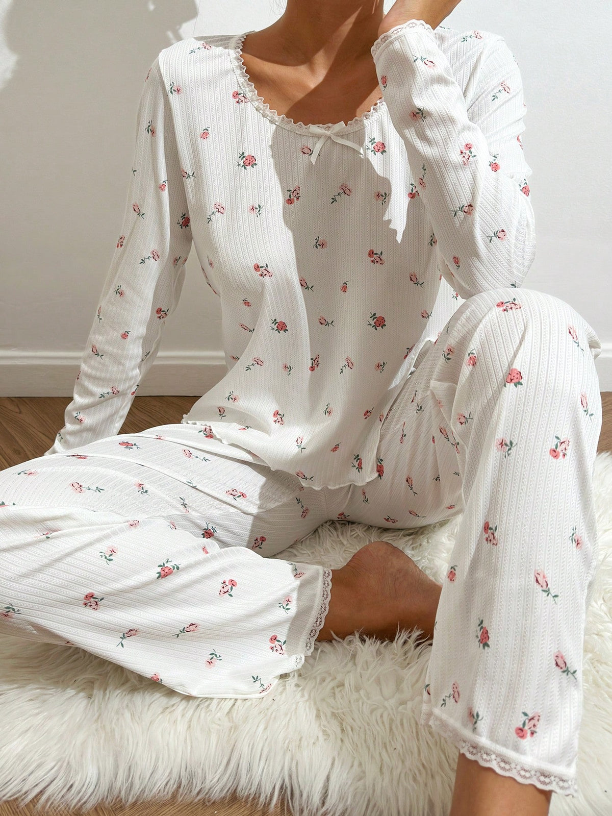 Ditsy Floral Print Lace Trim PJ Set / Pajama Set White Set