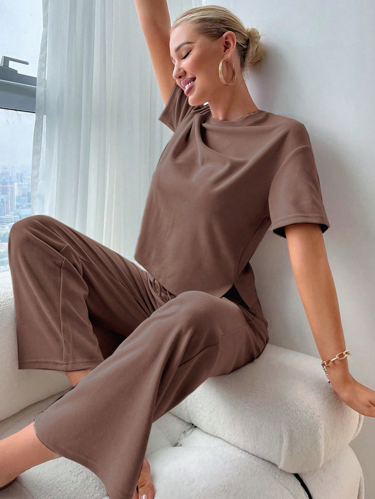 Slit Hem Top And Tie Waist Pants Lounge Set