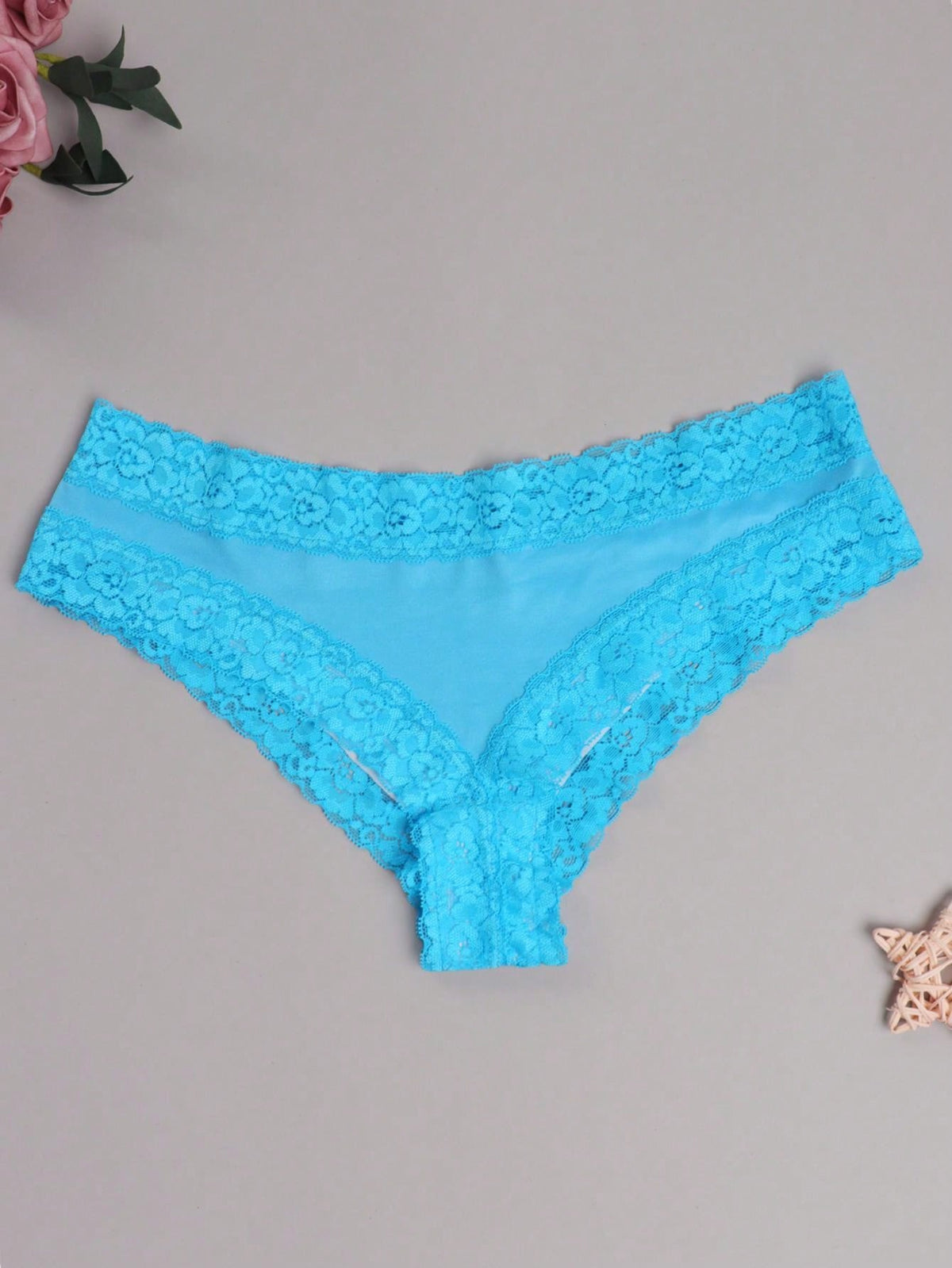 Women Sexy Cute Lace Trims Blue Solid Color Cheeky Bikini Underwear