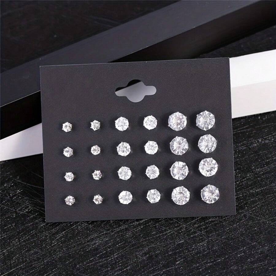 12pairs Fashionable 6-claw Cubic Zirconia Stud Earrings Unisex Jewelry