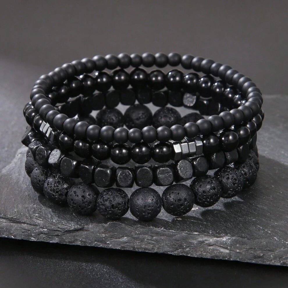 RINTOLER 4pcs/set Vintage Unusual Matte Lava Rock & Wooden Beads With Spacer Elastic Bracelet