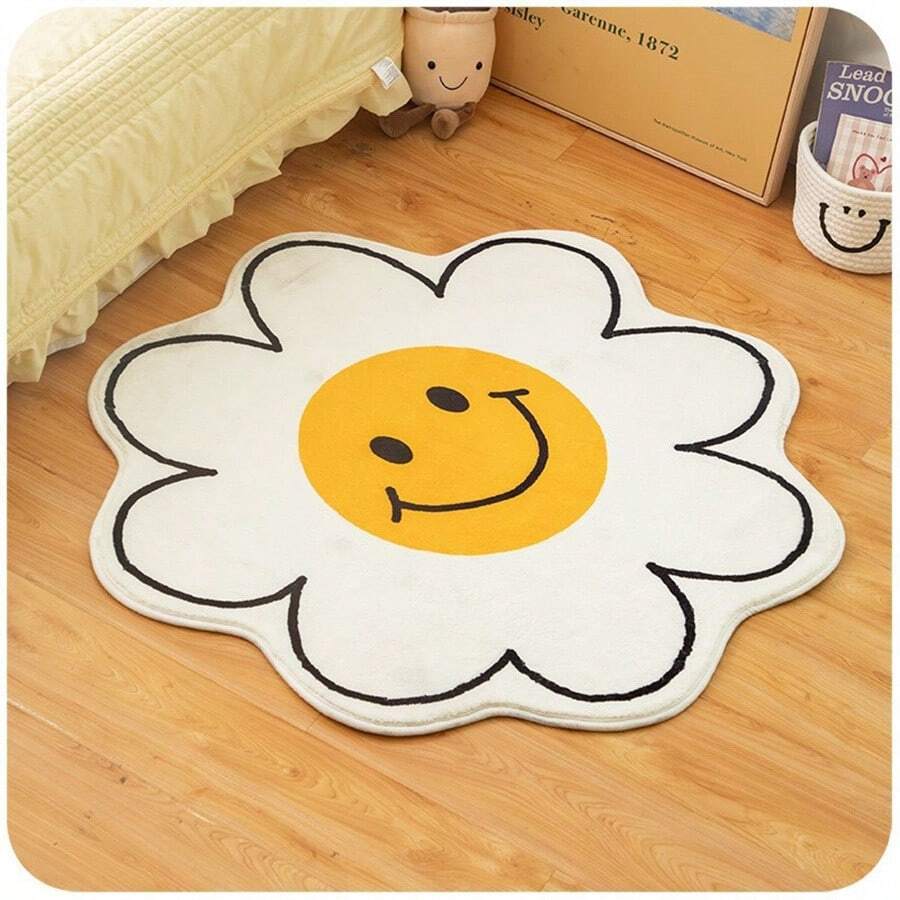 1pc Flower Element Rug With Face Design, Soft & Non-slip Faux Sheepskin Area Rug For Bedroom, Living Room, All Seasons, Washable