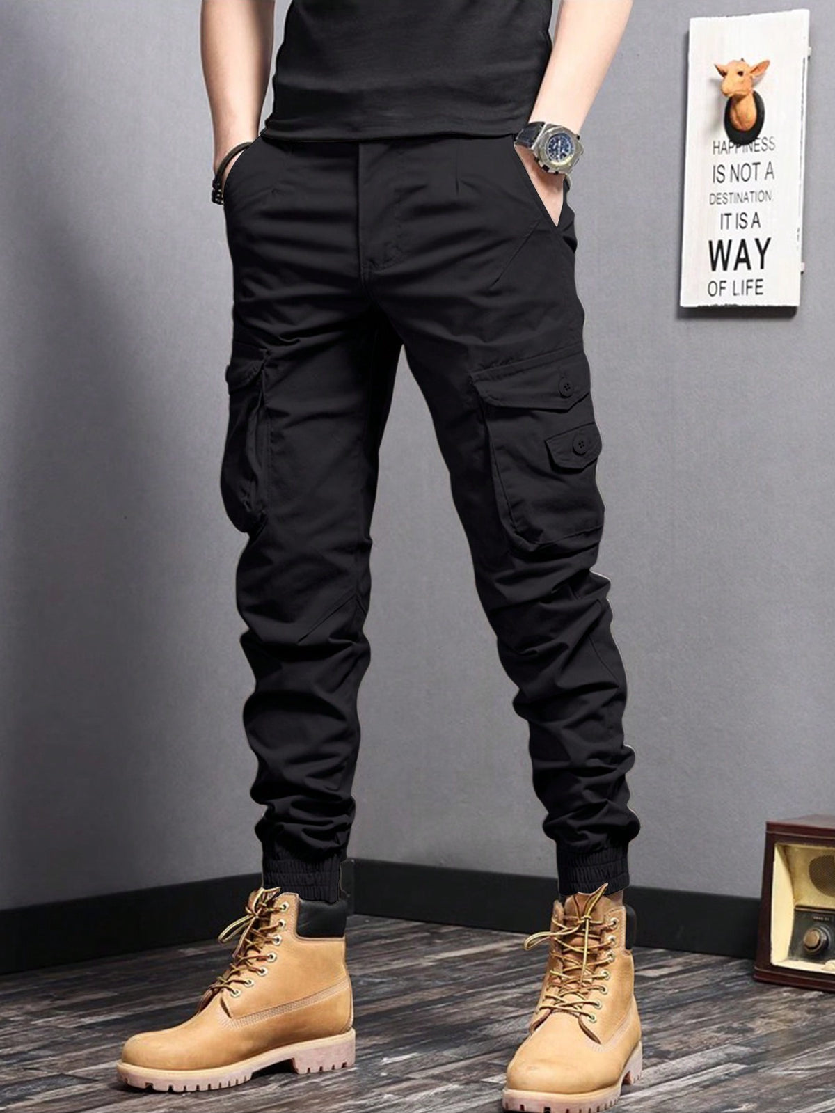 Manfinity Homme Solid Color Woven Twill Streetwear Casual Pants With Pockets