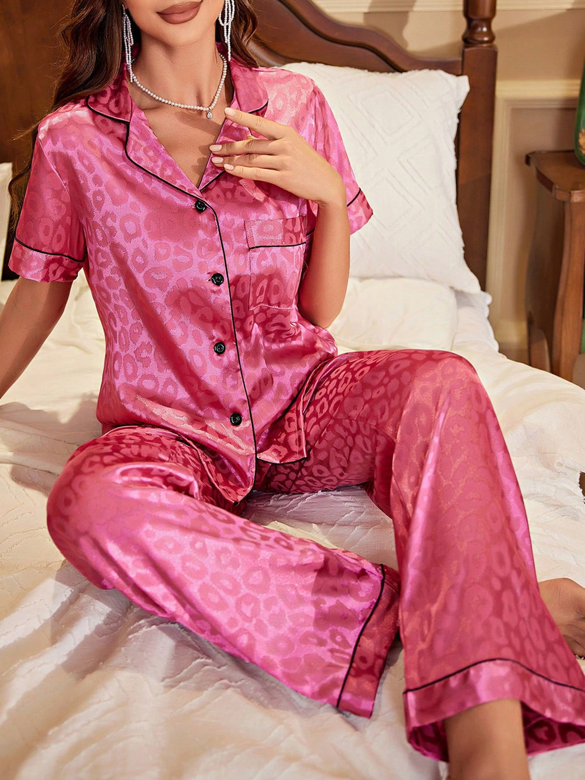 Women Leopard Print Button-Front Collar Short Sleeve Top And Long Pants Pajama Set