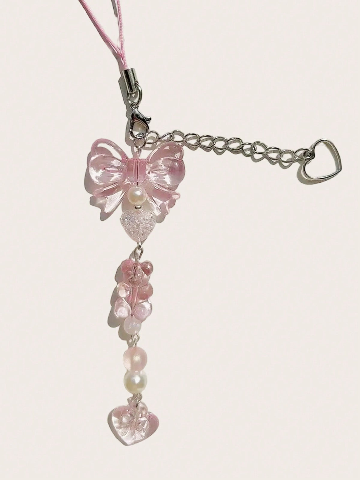 1pc Pink Heart Shaped Bow Charm Cute Phone Strap With Beads