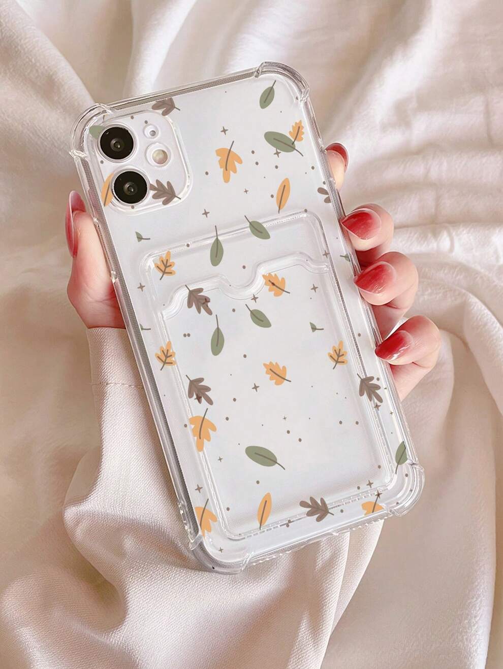 Summer 1pc Transparent Tpu Phone Case With Anti-Fall Four Corners & Painted Leaves Pattern And Card Slot Compatible With Iphone 15/15 Pro/15 Plus/15 Pro Max, Samsung Galaxy S23 Ultra/A14/A24, Redmi No