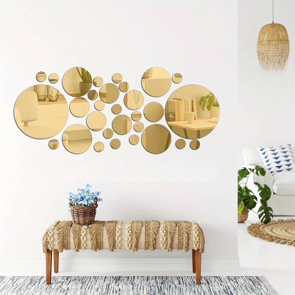 One Set Of 32pcs Acrylic Mirror Tile Stickers In Various Sizes & Modern Style With Gold Edge, Self-Adhesive & Removable Wall Decals For Living Room, Dining Room, Bedroom, Bathroom, Party, Holiday Deco