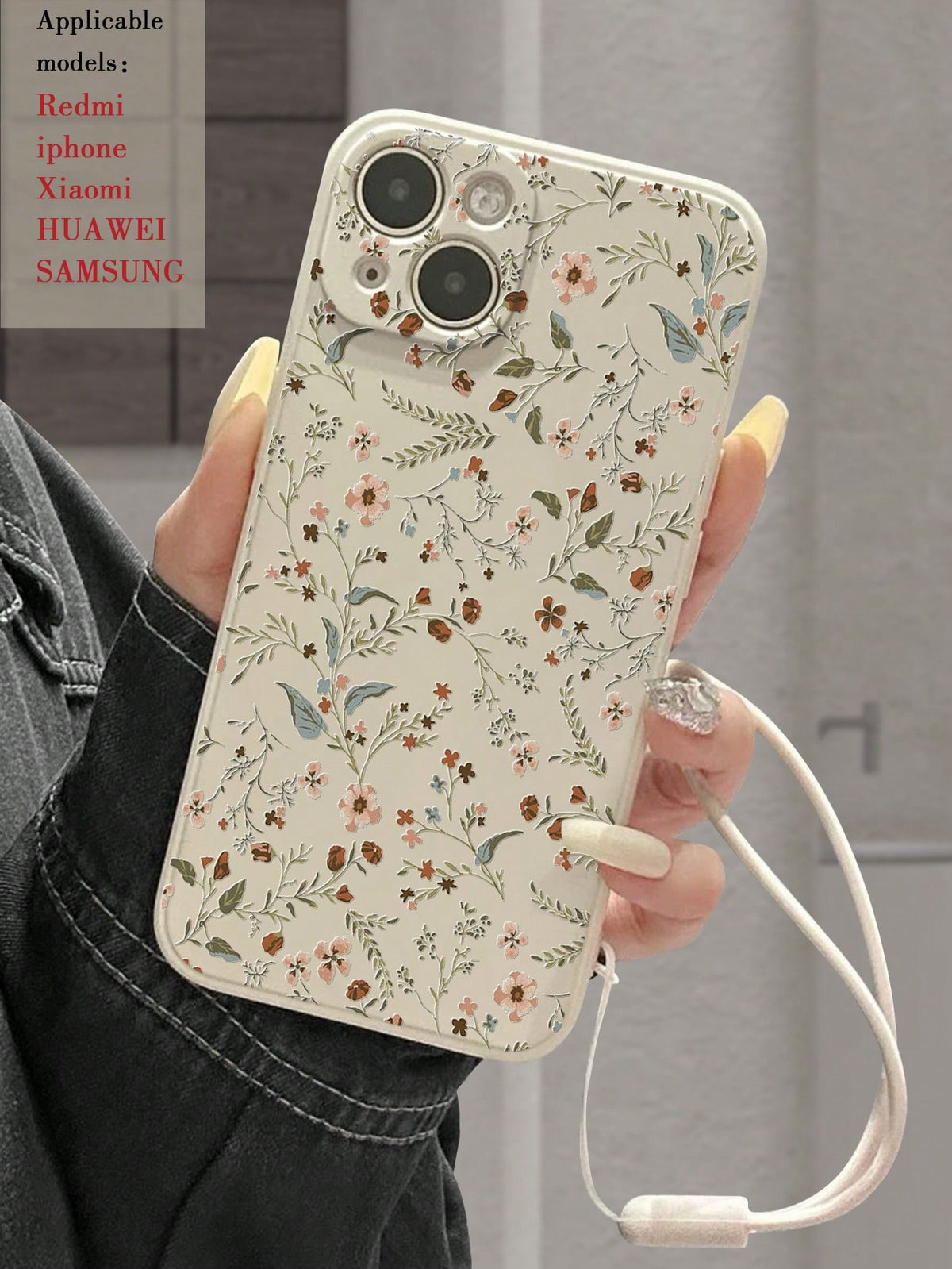 Flower Pattern Anti-drop Straight Edge Thickened Phone Case Protector With Lanyard, Compatible With Iphone, Huawei, Samsung