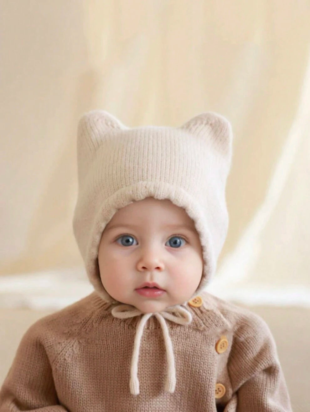 1pc White Cartoon Style Double Horn Baby Hat For 3-12 Months Old, Part Of The Baby Hat Collection For Autumn/winter, Cozy Knit Keeping Infants Warm And Cute Trendy And Stylish Head Covering, A Must-ha