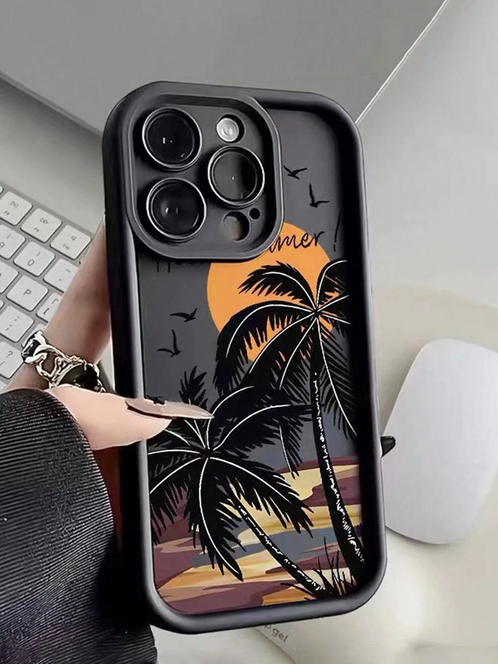 Summer 1pc Black High Bamboo Material Flying Birds On The Beach Phone Case Compatible With Iphone