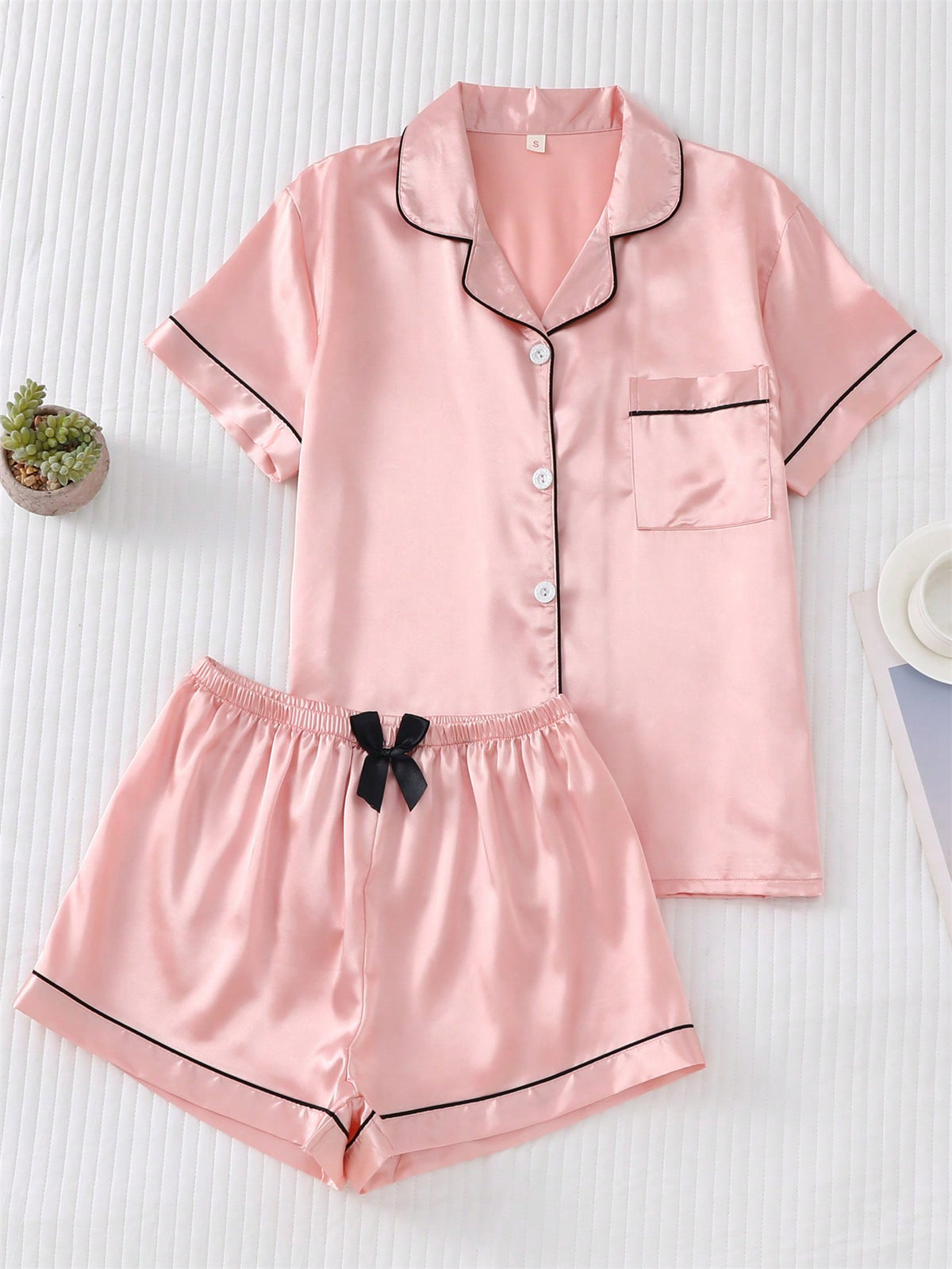 2pcs Satin Pajama Set, Women Short Sleeve Notched Collar Top And Bowknot Shorts Sleepwear Home Clothes