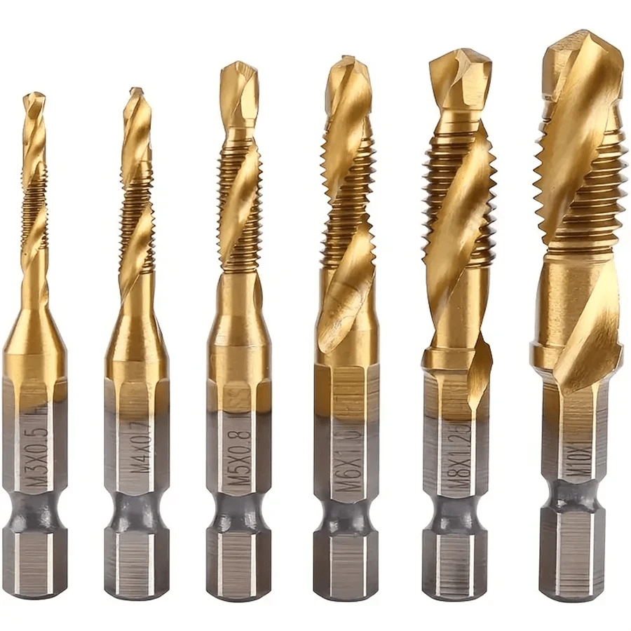 6pcs M3-M10 Screw Tap Drill Bits Hss Tap Counter Sink Deburr Metric High Speed Steel 1/4 IN Quick Change Hex Tool For Woodworking 6pcs Titanium Drill Tap Combination Bit Set - Metric Thread M3 M4 M5 M