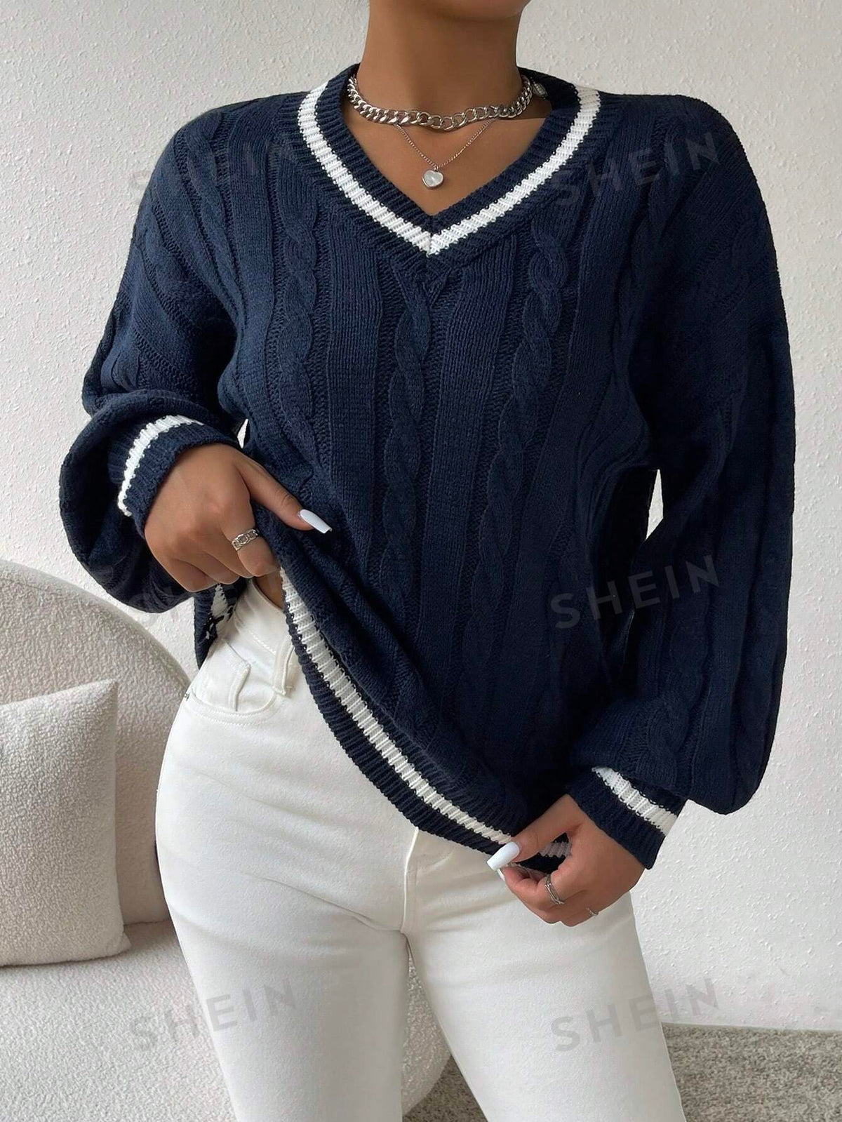 SHEIN Essnce Striped Trim Cable Knit Drop Shoulder Sweater