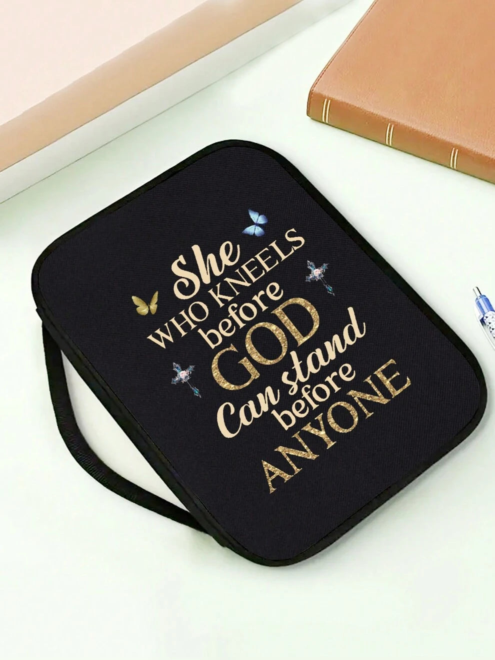 1pc Black Bible Study Organizer Bag With Letter Print, Protective Case For Books And Notebooks Travel Essentials Travel AccessoriesStorage Bag