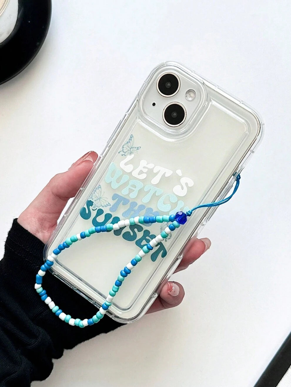 1pc Blue & White Butterfly English Letter Printed Thickened Tpu Transparent Anti-falling Airbag Phone Case With Hand Strap Compatible With iPhone