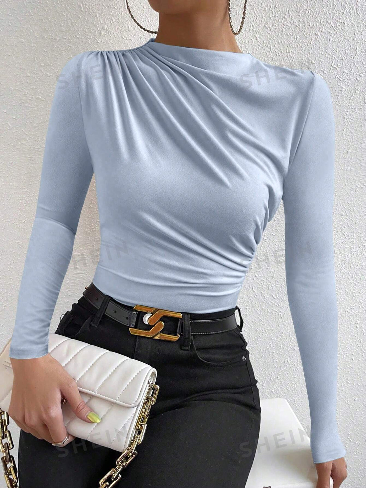 SHEIN BAE Mock Neck Ruched Tee