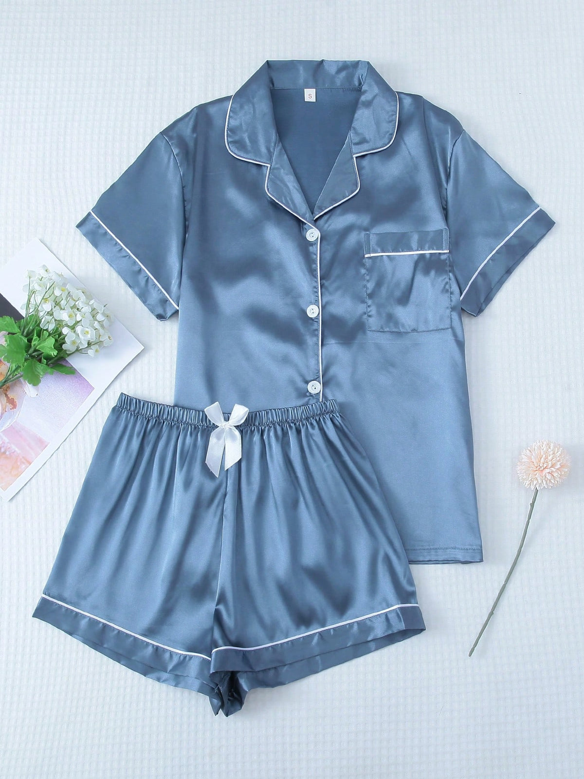 2pcs Satin Pajama Set, Women Short Sleeve Notched Collar Top And Bowknot Shorts Sleepwear Home Clothes