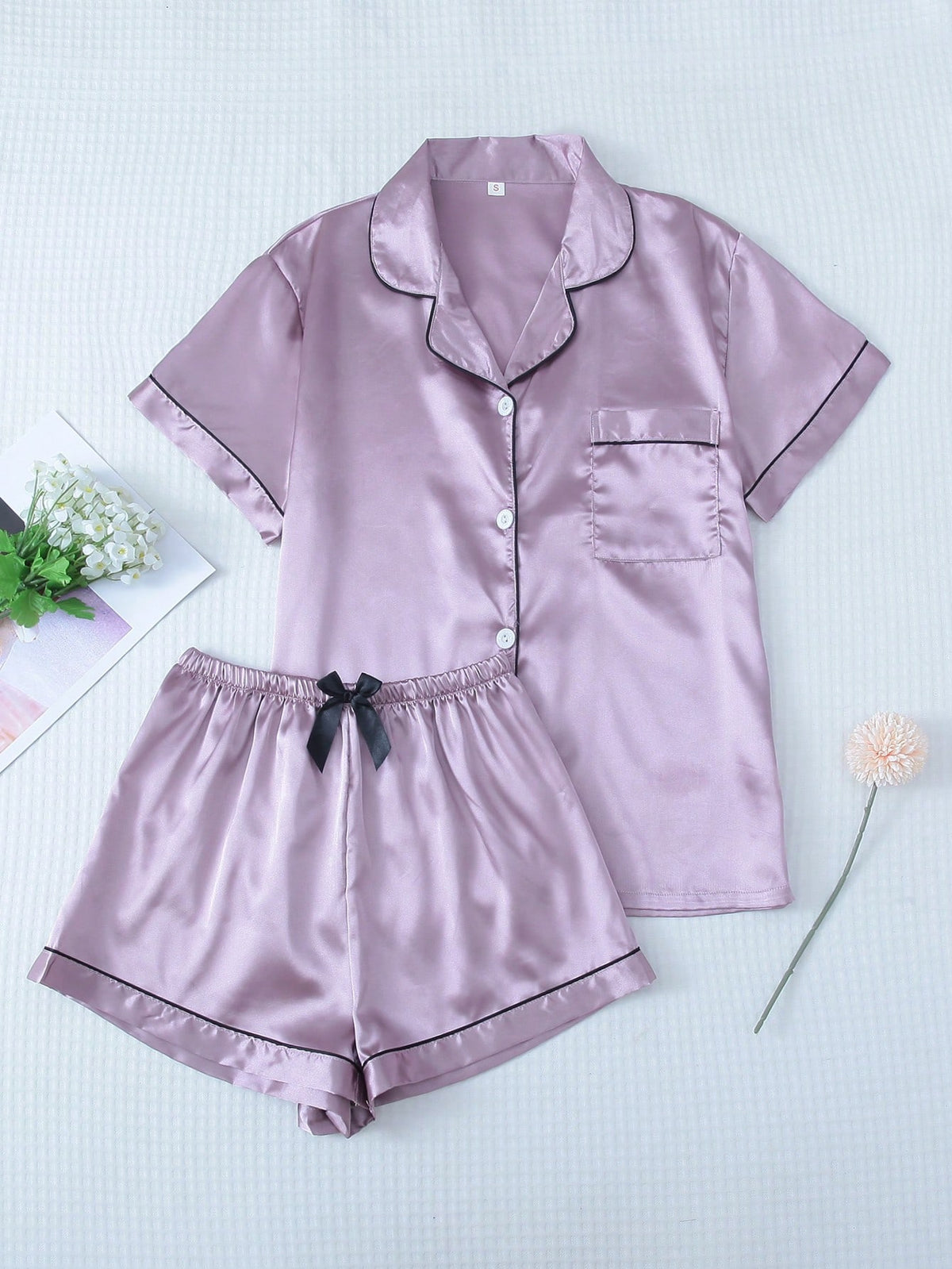 2pcs Satin Pajama Set, Women Short Sleeve Notched Collar Top And Bowknot Shorts Sleepwear Home Clothes