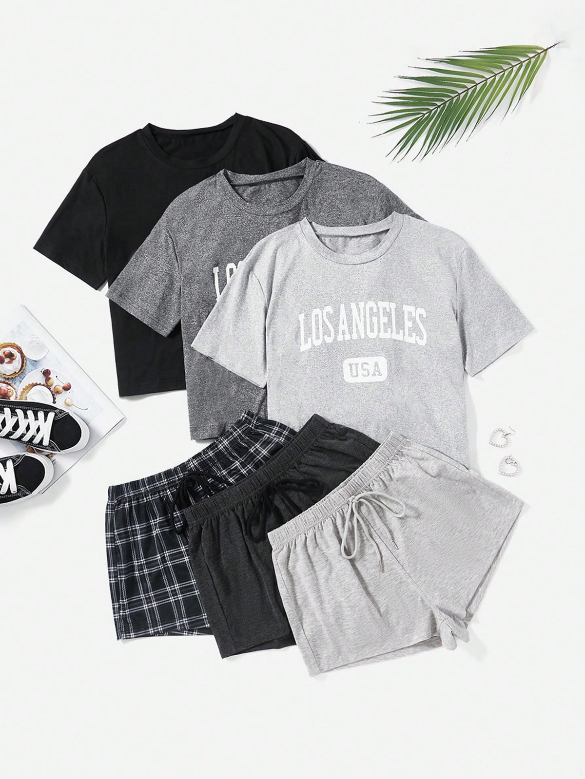 Women's Loungewear Set, Round Neck Letter Print Short Sleeve Top And Drawstring Plaid Shorts