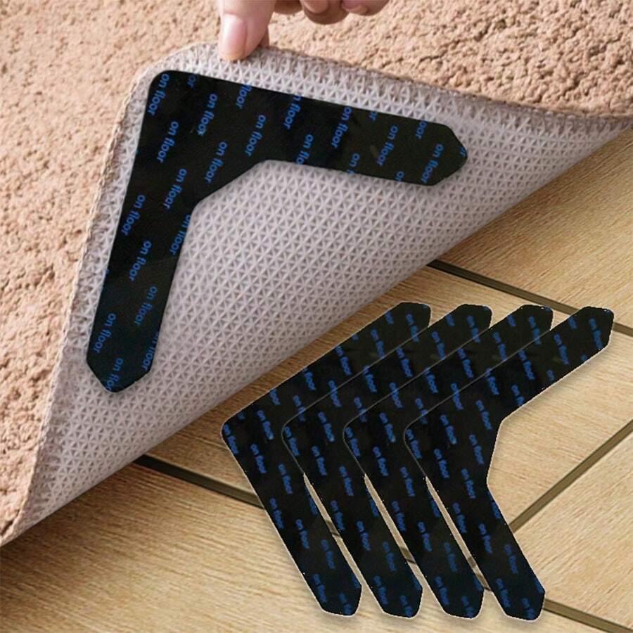 4pcs Super Adhesive Anti-Slip Anti-Curl Rug Gripper Pad, Suitable For Living Room, Dining Room, Bathroom Carpet, To Prevent Carpet Moving And Rolling. Please Tear Off The Black Protective Film On Both