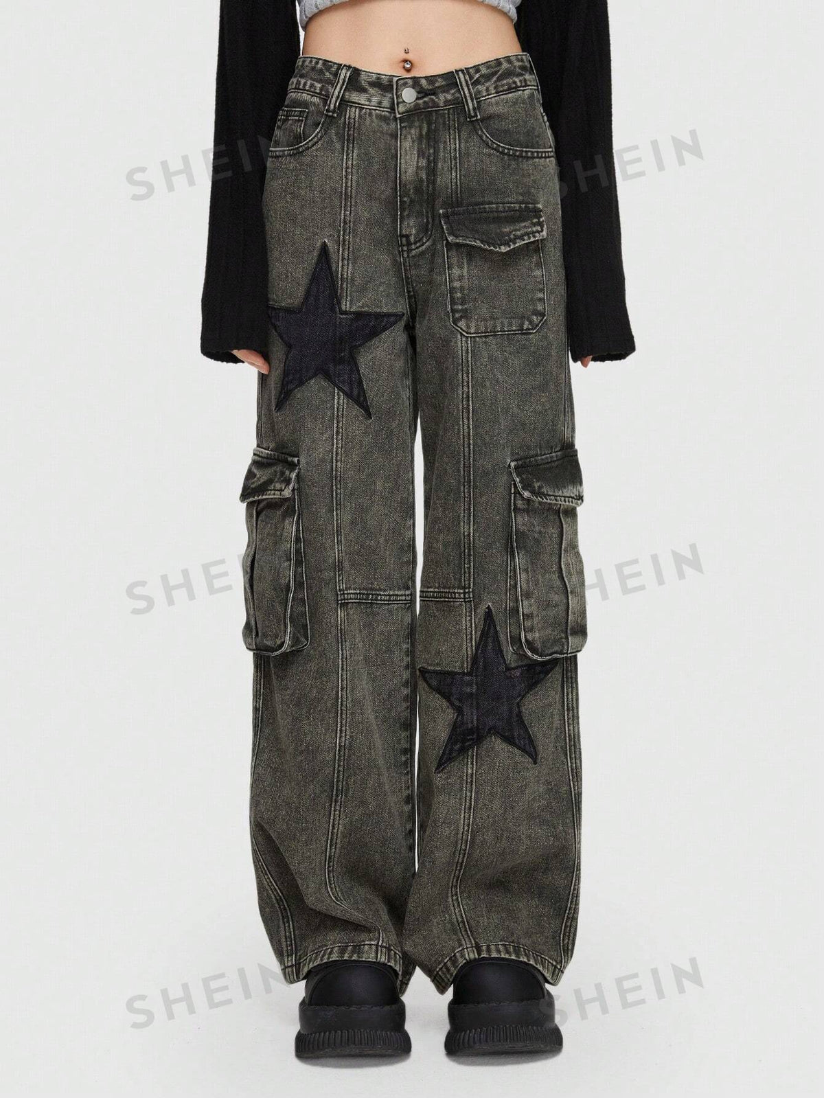 ROMWE Grunge Punk Star Pattern Flap Pocket Cargo Jeans