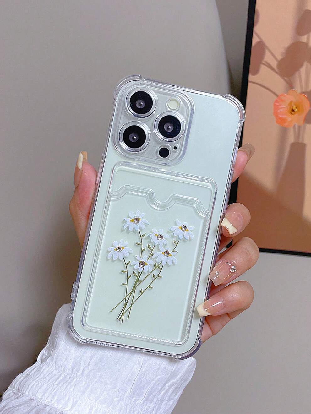 1pc Transparent TPU Shockproof Phone Case With Four Corners, Daisy Print And Handmade Diamond Embellishment, Compatible With Apple, Samsung, Redmi, Pixel Phones