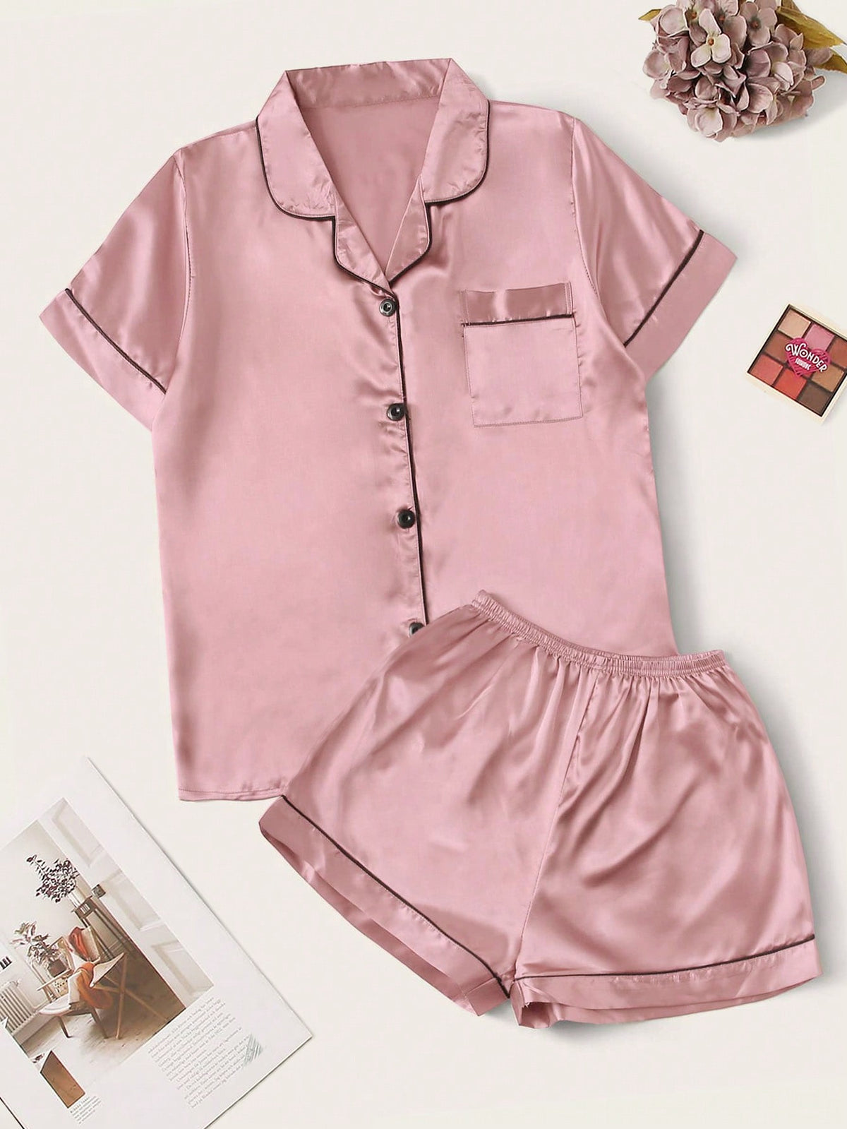 Contrast Binding Satin PJ Set / Pajama Set