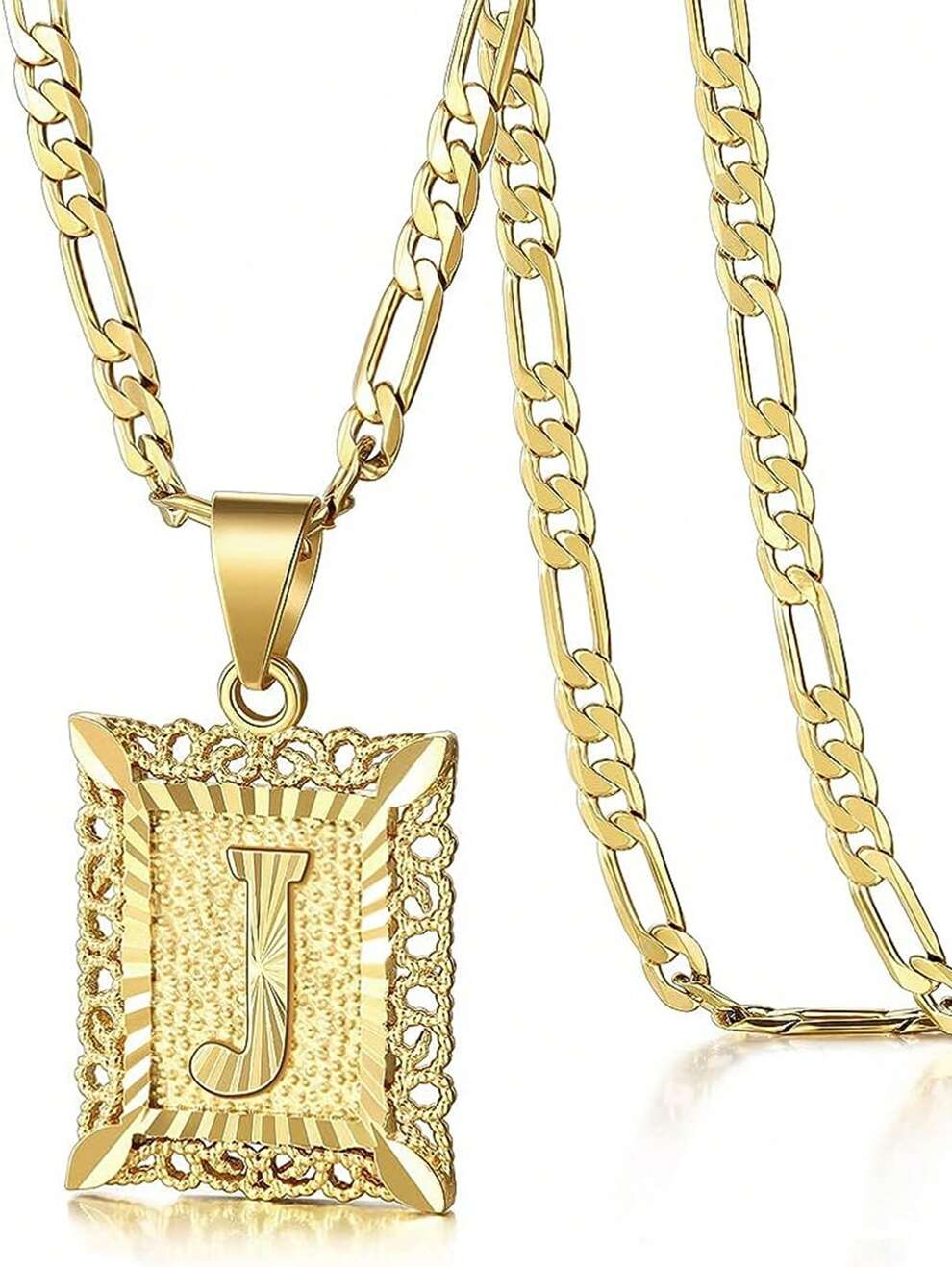 Initial Necklace Square Letter Pendant Necklace Capital Monogram Necklace Alhpabets from A-Z Figaro Chain Necklace