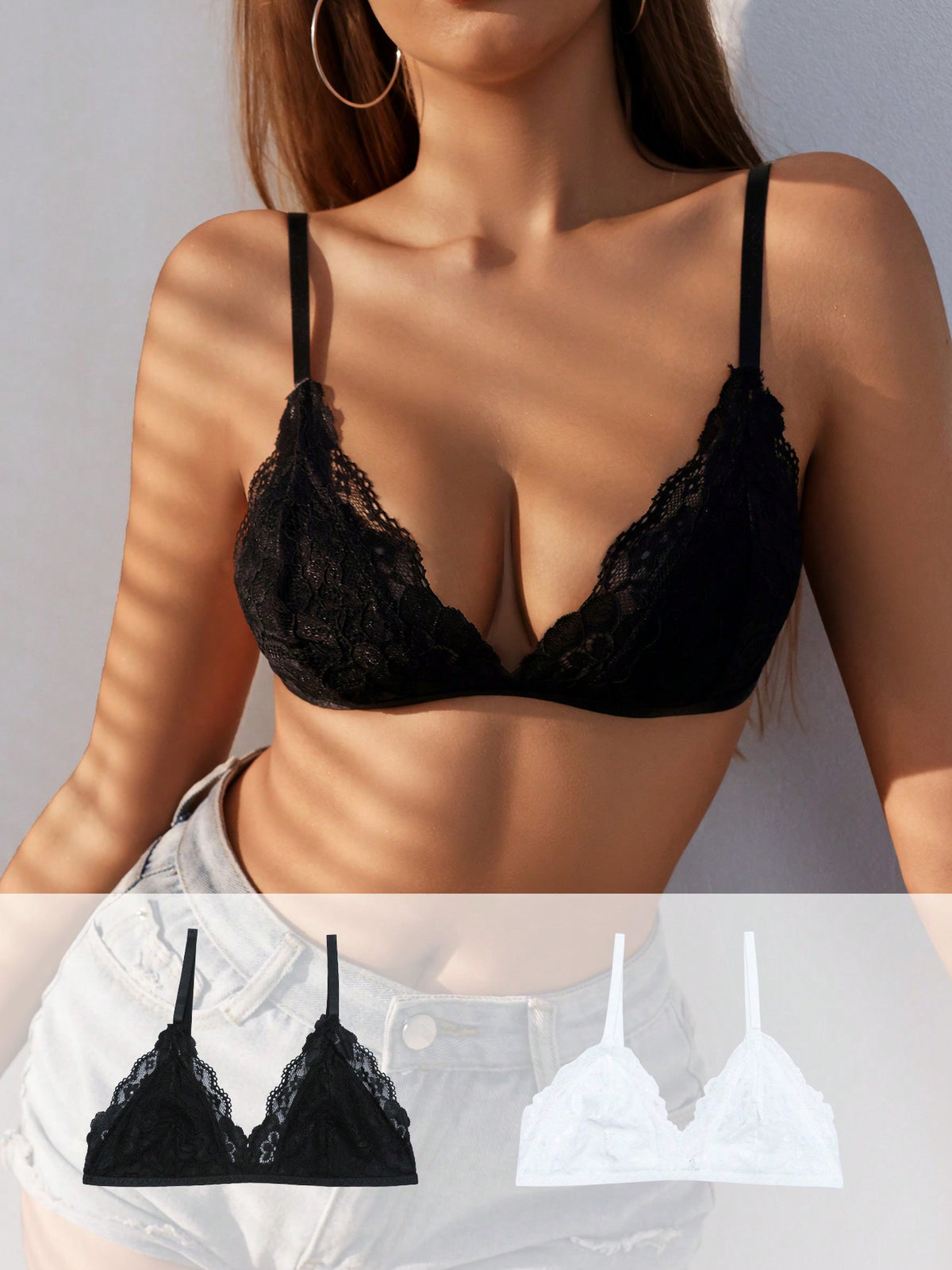 Shein Underwear&Sleepwear Basics Lace Splice Triangle Cup Bra For Women Lingerie