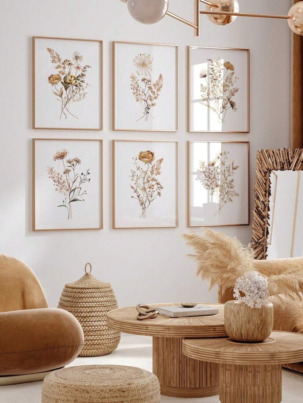 6pcs Set Wildflower Botanical Floral Art Painting Watercolor Plant Nature Flower Poster Canvas Print Nordic Minimalist Modern Wall Picture for Living Room,Bedroom,Office Room,Kitchen,Home Decor,Framel