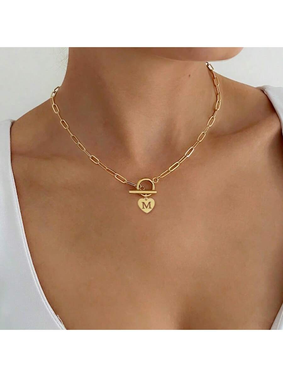 1pc Stainless Steel Heart Initial Pendant Toggle Clasp Chain Necklace For Women