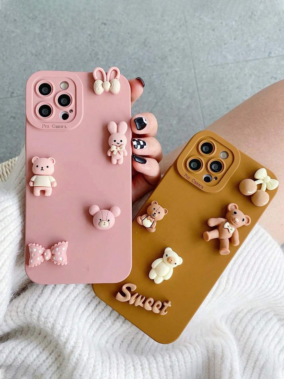 Pink Bow 1pc Cute Bear & Rabbit Solid Color Phone Case For Women, Soft Cover Protective Shell, Compatible With Iphone 15/15 Pro/15 Pro Max/14/13/12/11/Xr/14 Pro Max