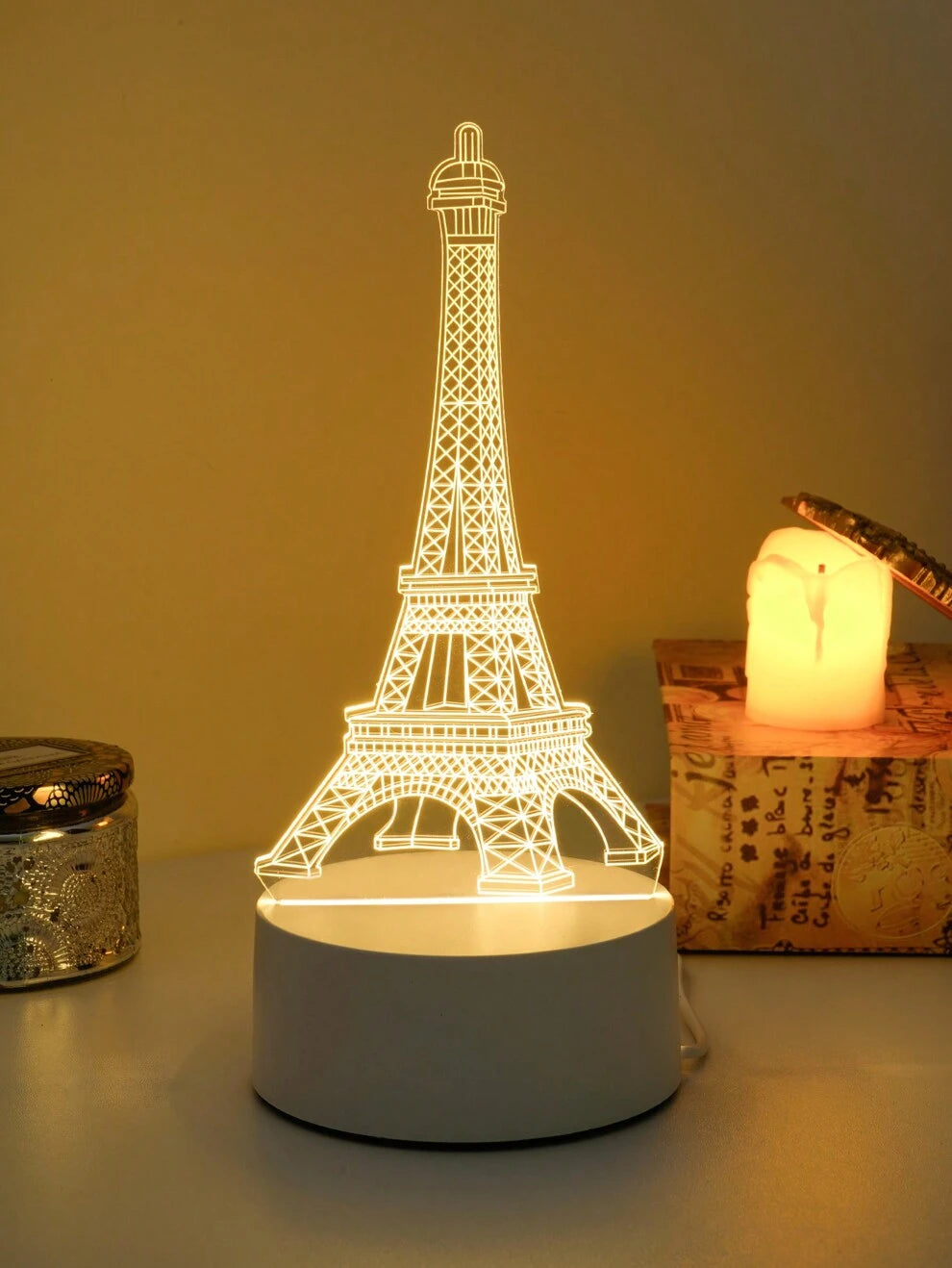 1pc 3d Eiffel Tower Shaped Monochrome Night Light, Led Visual Acrylic Lamp, Usb Powered With Adjustable Brightness, Parisian Style Decorative Table Lamp For Bedroom, Birthday And Christmas Gifts