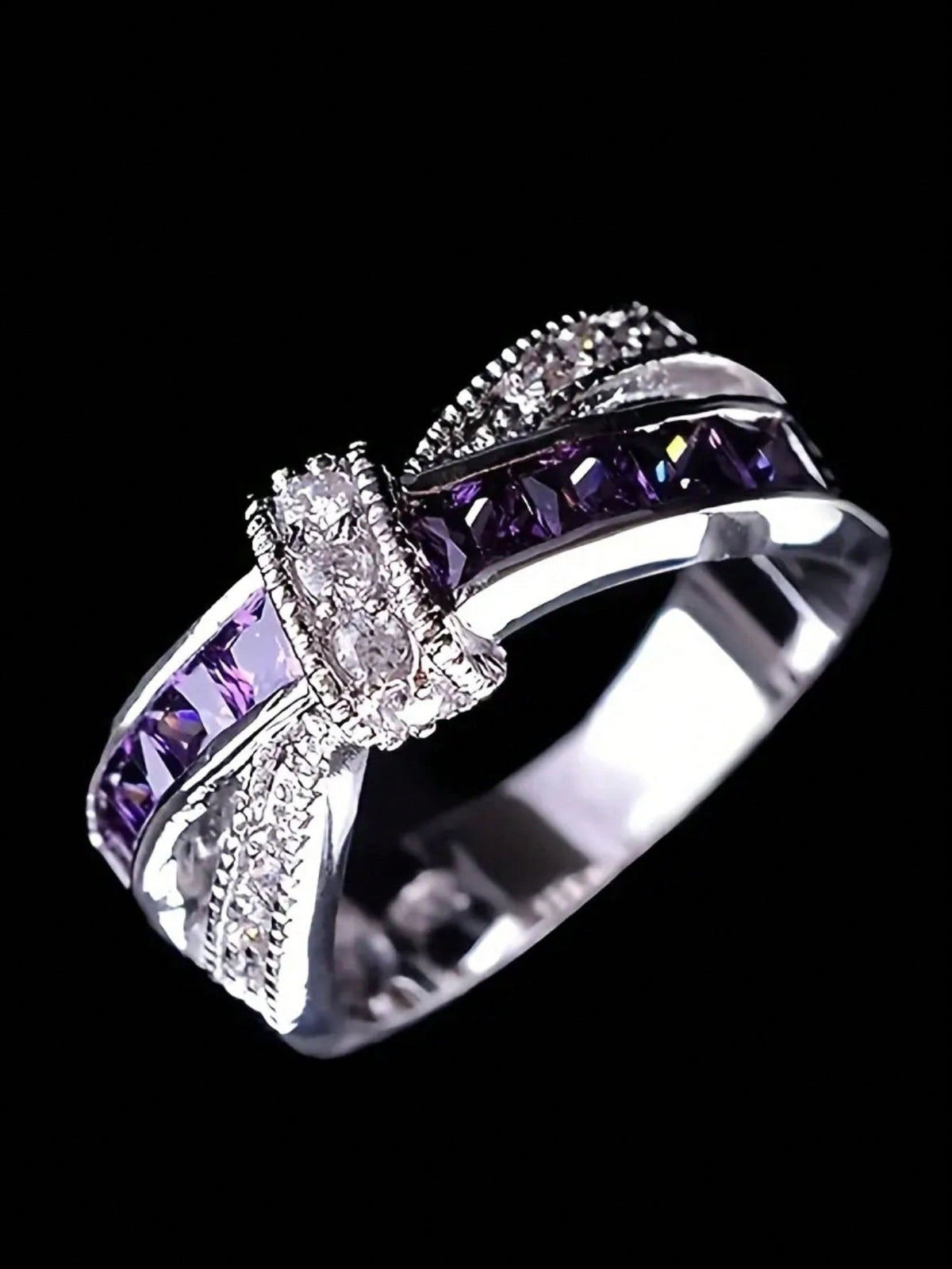 1PC Banquet Fashion Purple Rhinestone Exquisite Luxury Bow Ring for Women's Dating Party Princess Bride Wedding Engagement Jewelry Accessories Decoration Valentine's Day Gift