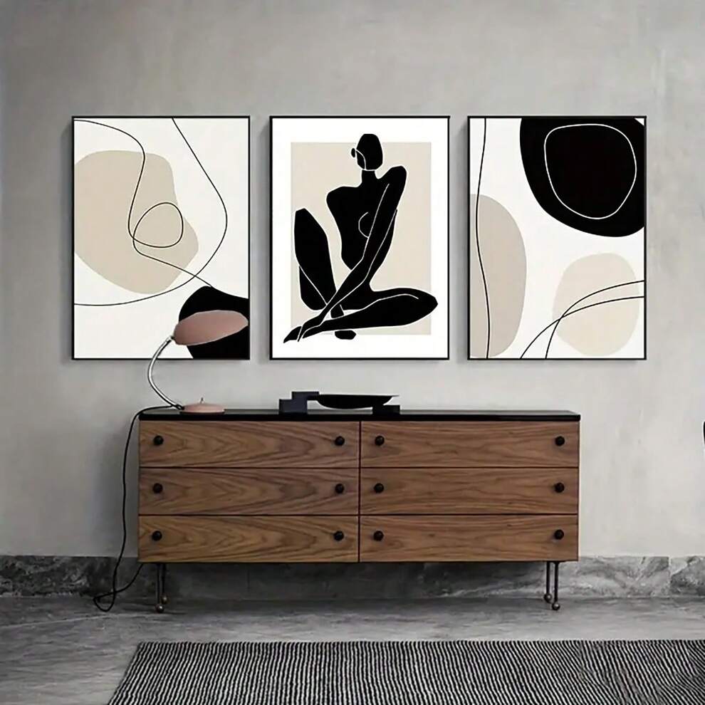 3pcs/set Bohemian Matisse Canvas Poster, Beige & Black Abstract Line Art Painting, Printed Pictures For Bedroom & Living Room Wall, Home Decor Without Frame