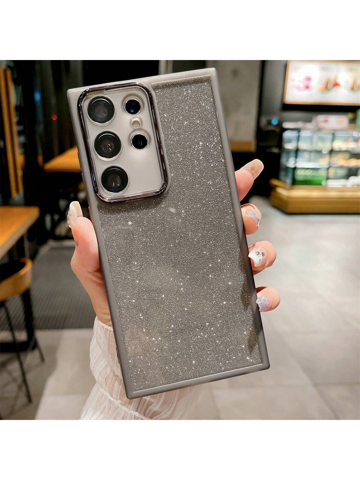 1pc New Gray Anti-Fall Card Holder Tpu Phone Case With Lens Protection And Sparkles Compatible With Apple, Samsung, Xiaomi, And Oppo Phones