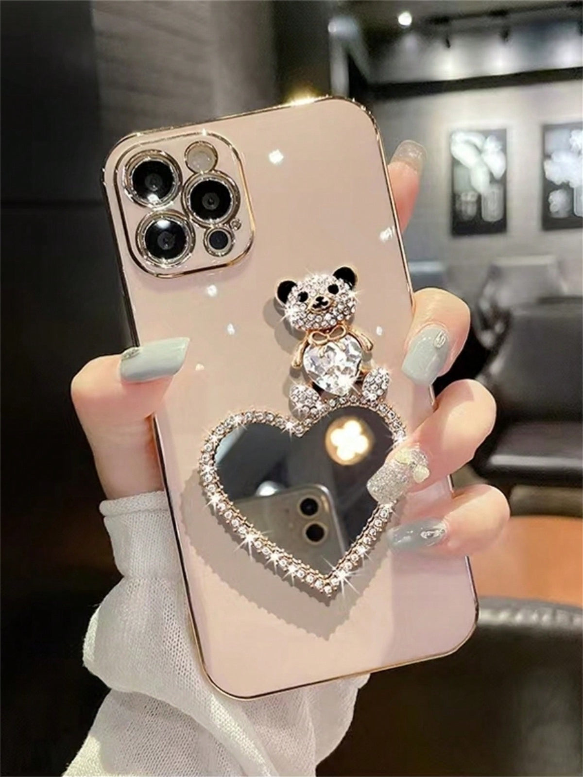 Korea Glitter Laser Bear Love Makeup Mirror Electroplated Case Compatible With IPhone 15 14 13 12 11 Pro Max 14 15 7 8 Plus SE 3 Mini Soft Cover Compatible With Samsung S24 S23 Ultra Plus