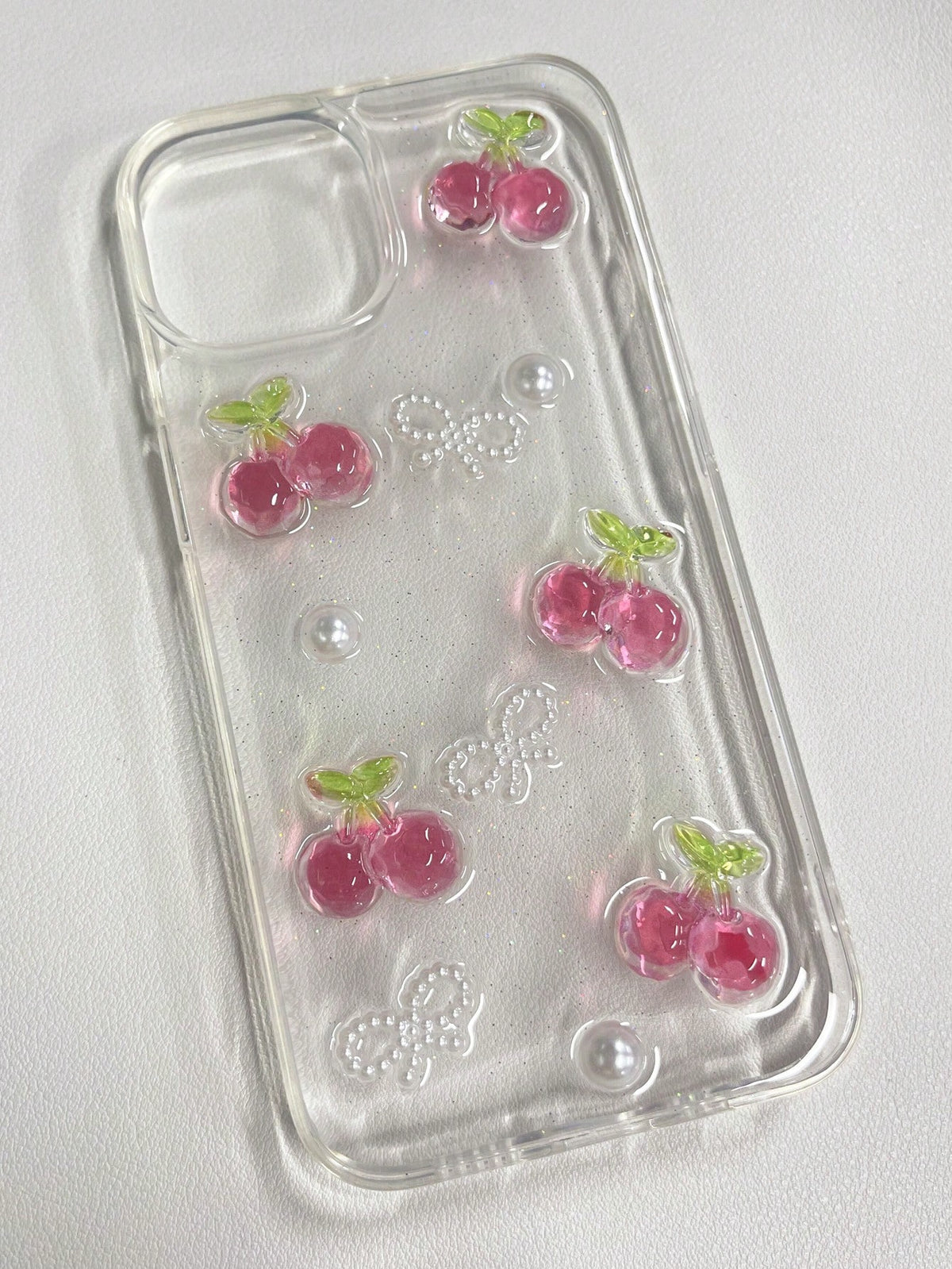 3d Cherry & Faux Pearl & Bowknot Decor Phone Case Compatible With IPhone14/13promax/15