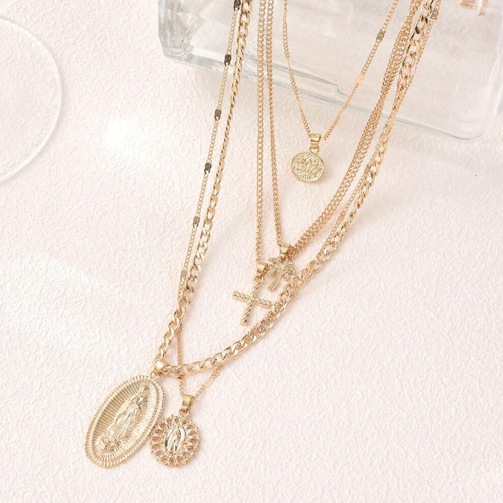 5pcs/Set Vintage Zinc Alloy Lotus Cross Pendant Necklace Set, Featuring Jesus & Mary, European & American Style, Creative & Personalized Jewelry Piece For Women, Perfect For Daily Wear