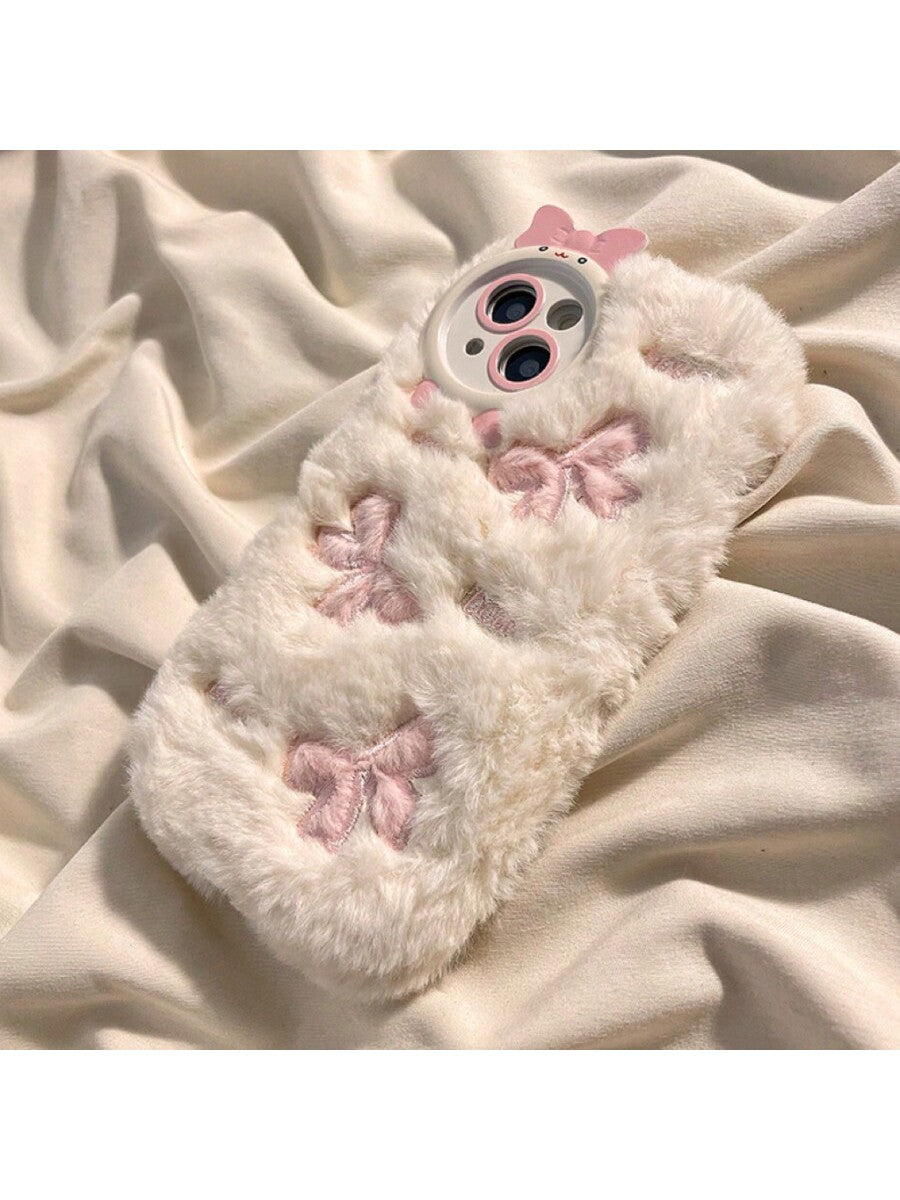 Bow 1pc Beige Plush Lovely Embroidered Bowknot Phone Case Compatible With Iphone Kawaii