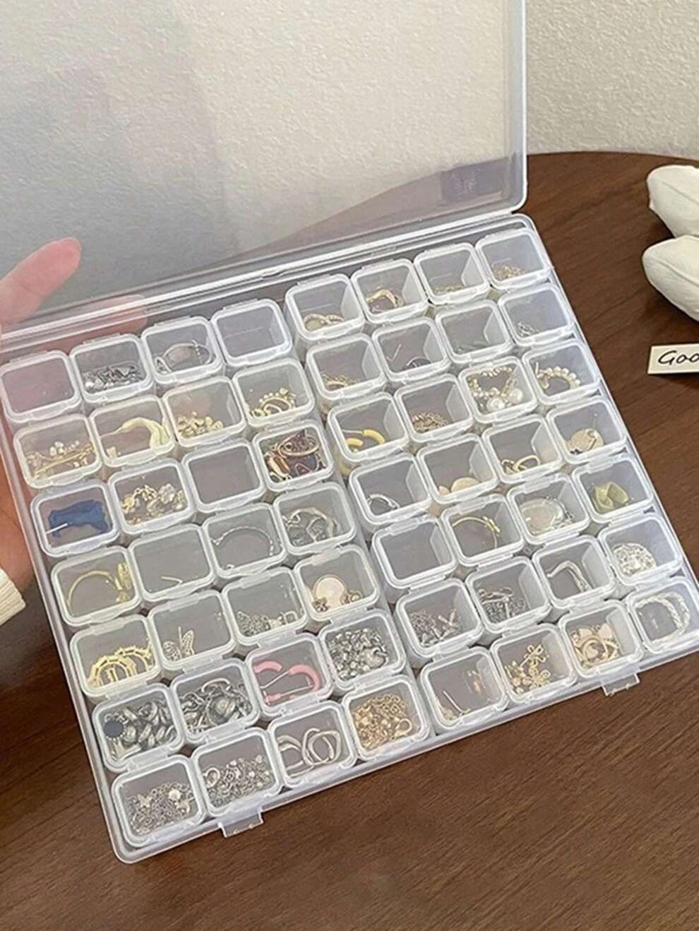 1pc 56 Grids Clear Plastic Storage Box, Nail Art Tool Jewelry Storage Case, Desktop Finishing Box, Multi-grid Transparent Storage Container For Rhinestone Beads DIY Crafts Small Items