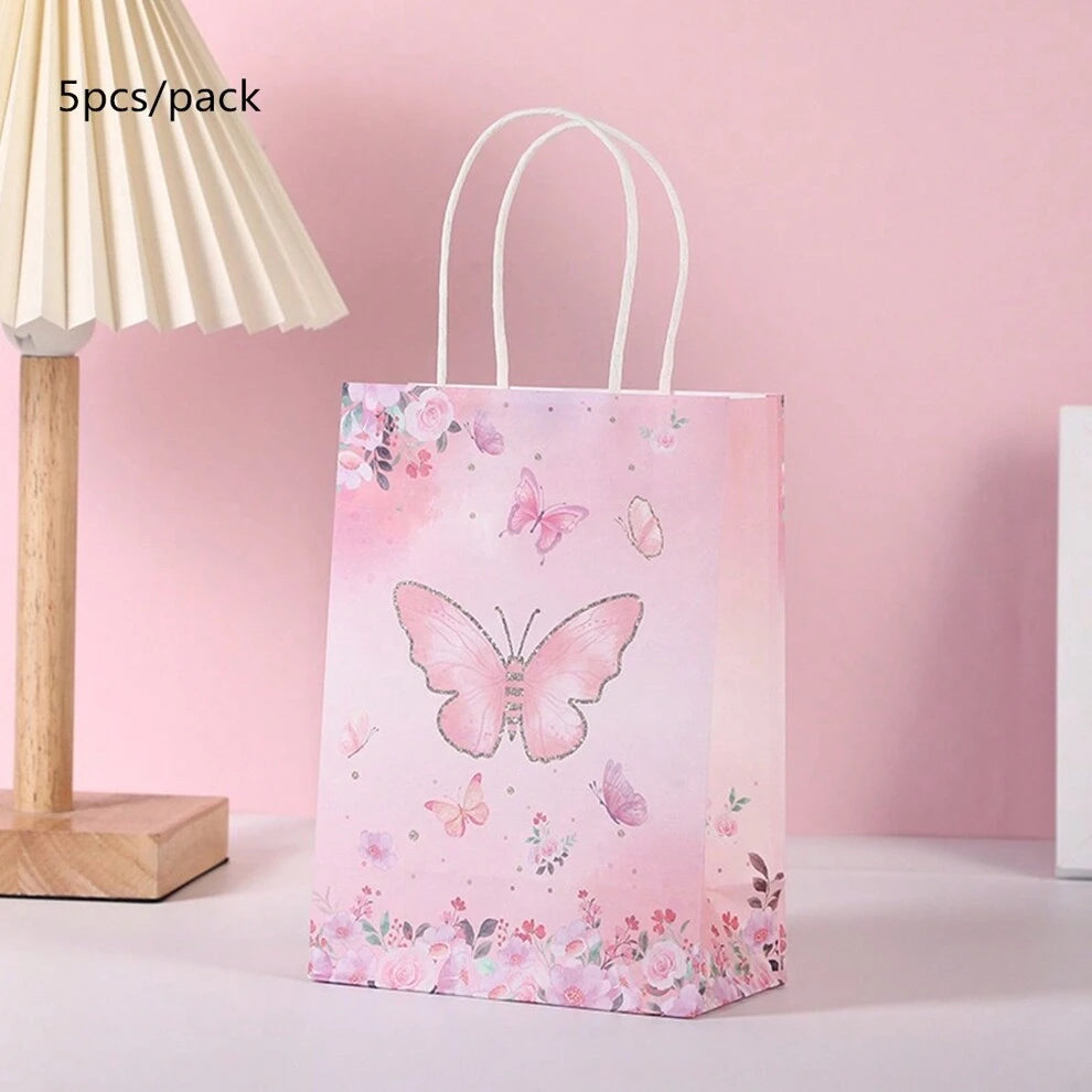 5pcs/Pack Pink Butterfly Design Carrying Gift Bags Made Of Kraft Paper, Suitable For Wedding Engagement Party Birthday New Year Gifts And Decorations