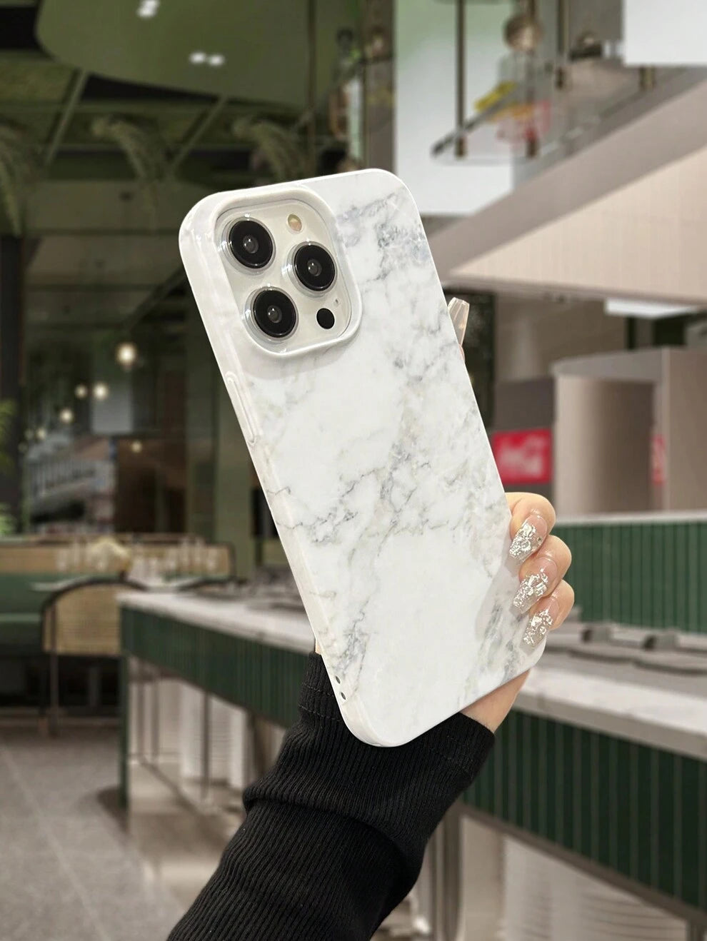 1pc White Marble Pattern Glossy Texture Phone Case Compatible With IPhone