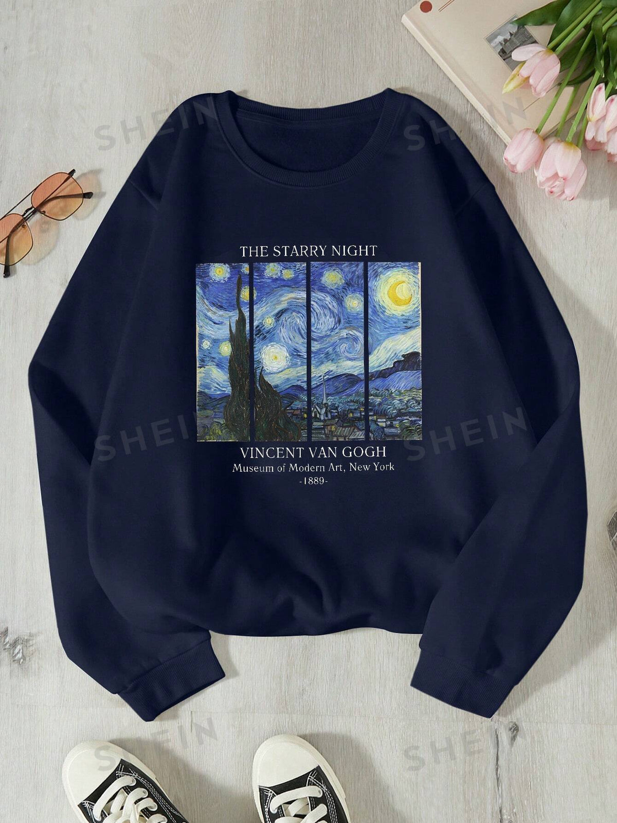 SHEIN EZwear Slogan & Oil Painting Graphic Thermal Lined Sweatshirt THE STARRY NIGHT VINCENT VAN GOGH Museum Of Modern Art, New York 1889